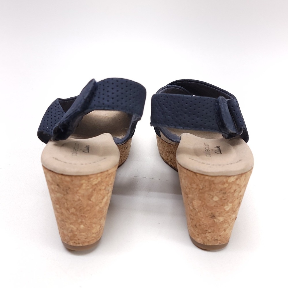 Clarks Collection Navy Blue Perforated Leather Cork Wedge Sandals Womens 7.5 M - Picture 6 of 8